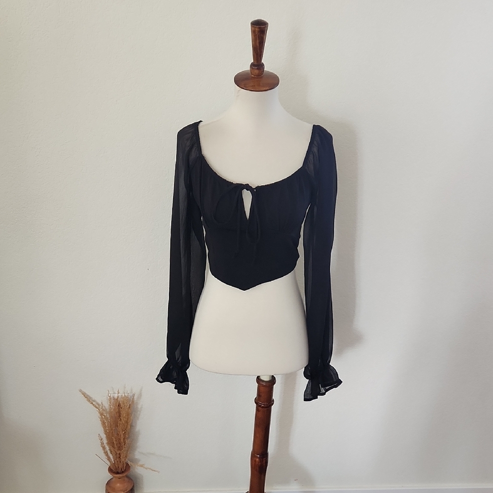 Blue Rain Long Sleeve Semi-sheer Crop Top